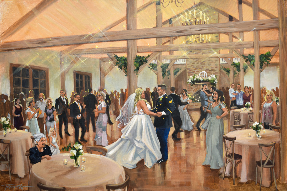 warm rustic wedding reception, first dance wedding painting