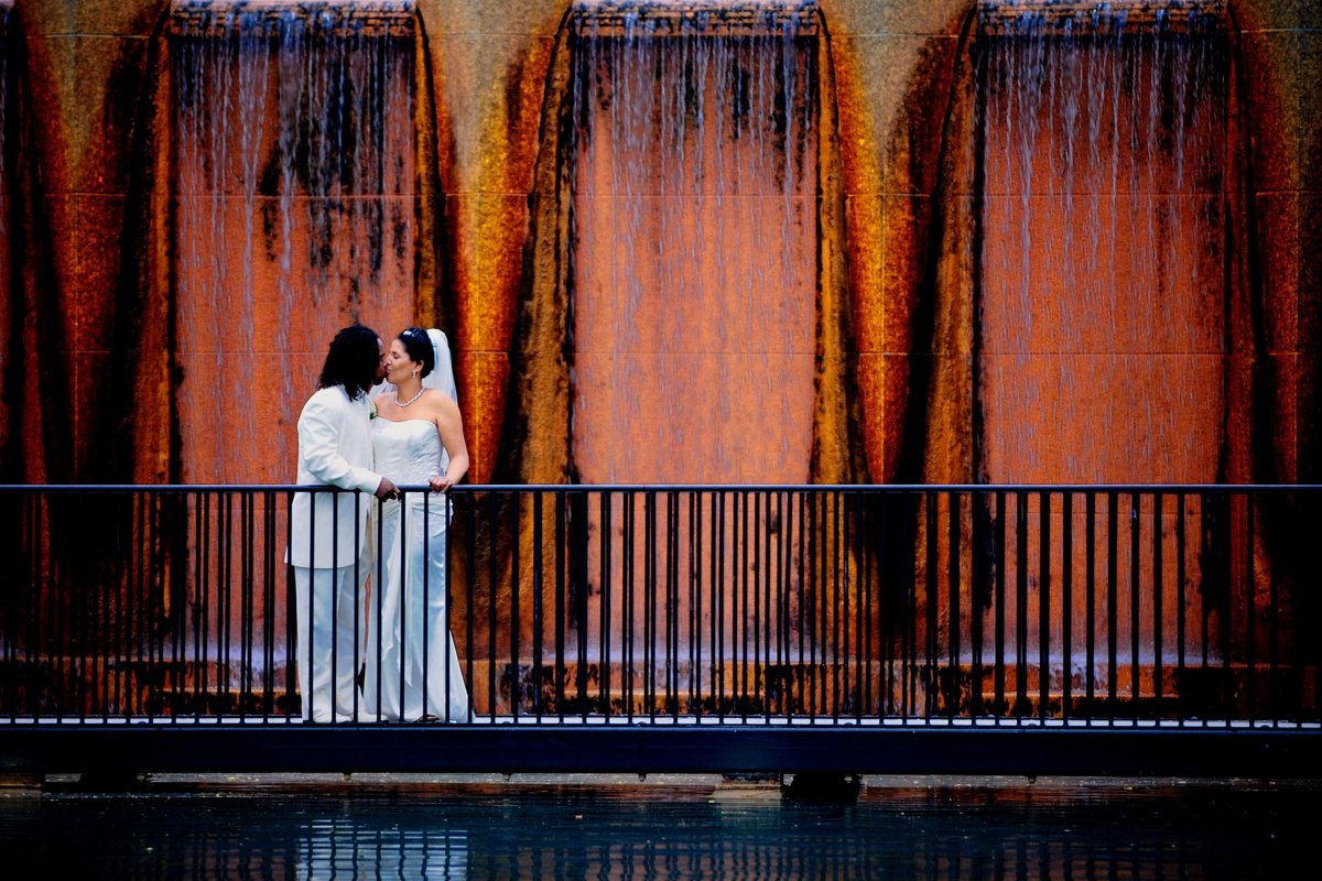 Photo of the Bride & Groom across the water in Indianapolis, IN