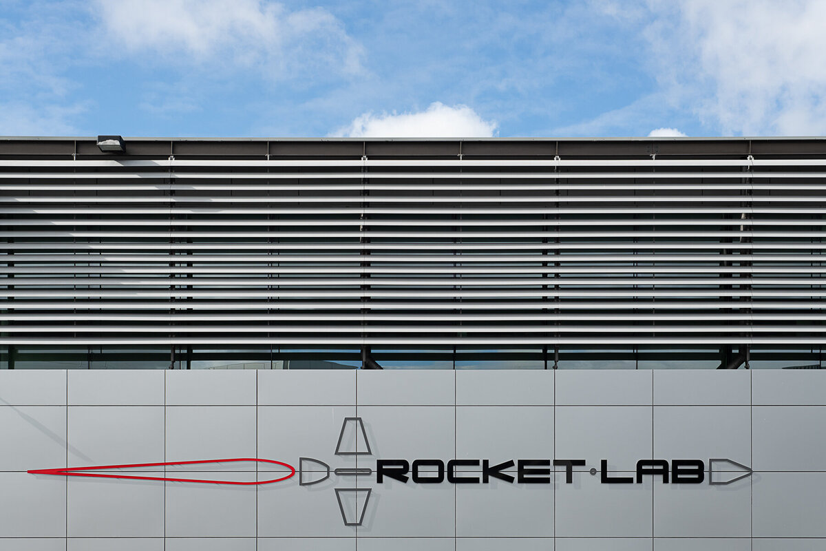 Rocket lab's Auckland Production Centre. Company logo on building detail.
