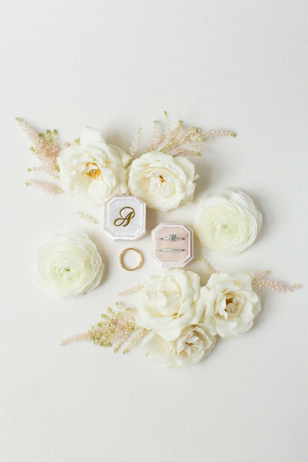 Velvet Engagement Ring Boxes Style with White Flowers for a flatlay at Luxury Chicago Outdoor Historic Wedding Venue