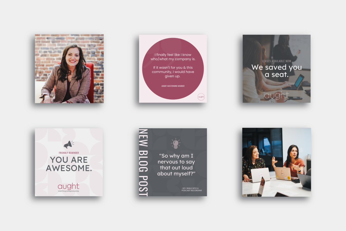 Feminine brand identity mockup showing six images combining photos and graphics in gray and merlot colors designed by Knoxville-based brand agency Liberty Type