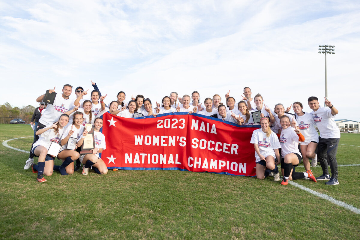 Red Banner for Cumberlands. NAIA Womens Soccer National  Championship 2023