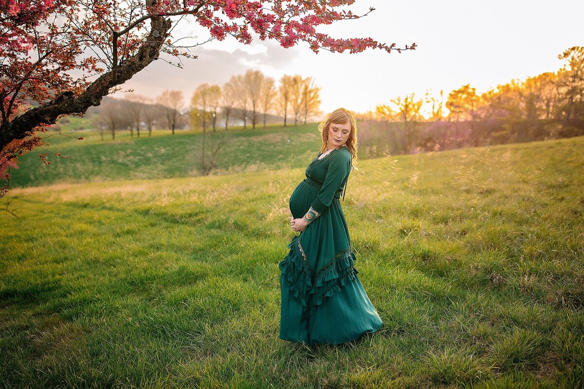 Pregnant mom in teal dress at sunset