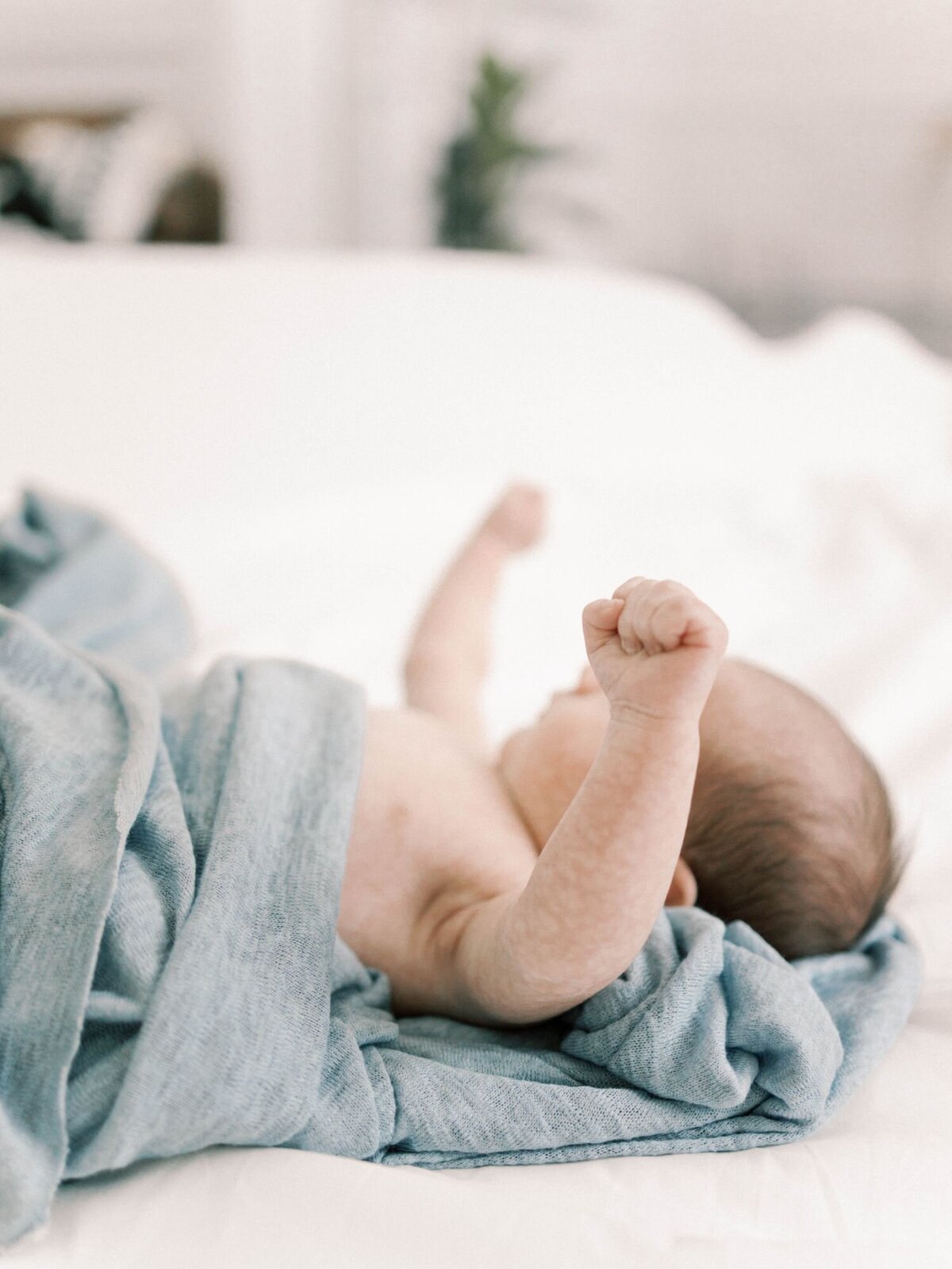 Baby is wrapped in blue blanket on white sheets holding arms up in the air.