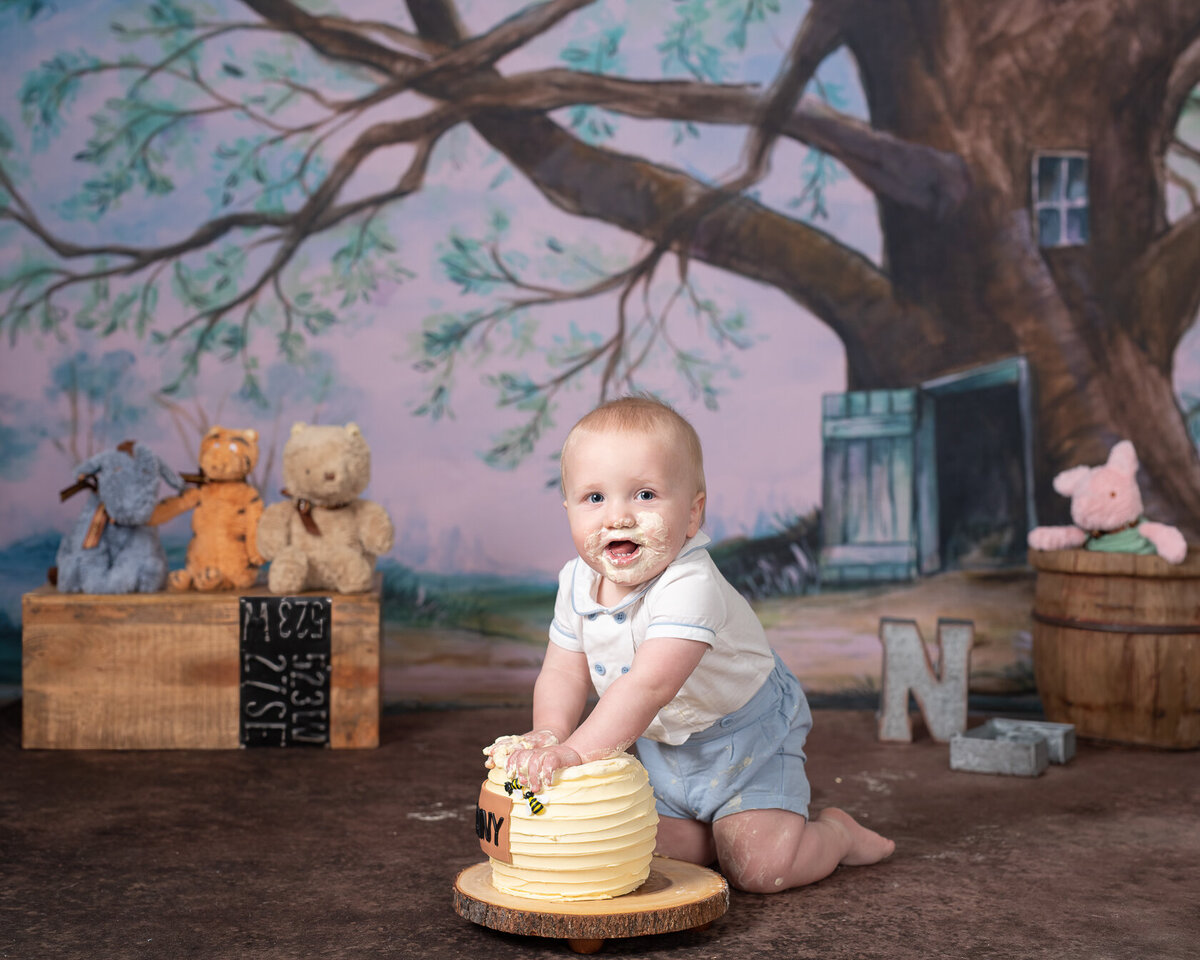 Adorable baby boy in cake smash portrait session in Houston