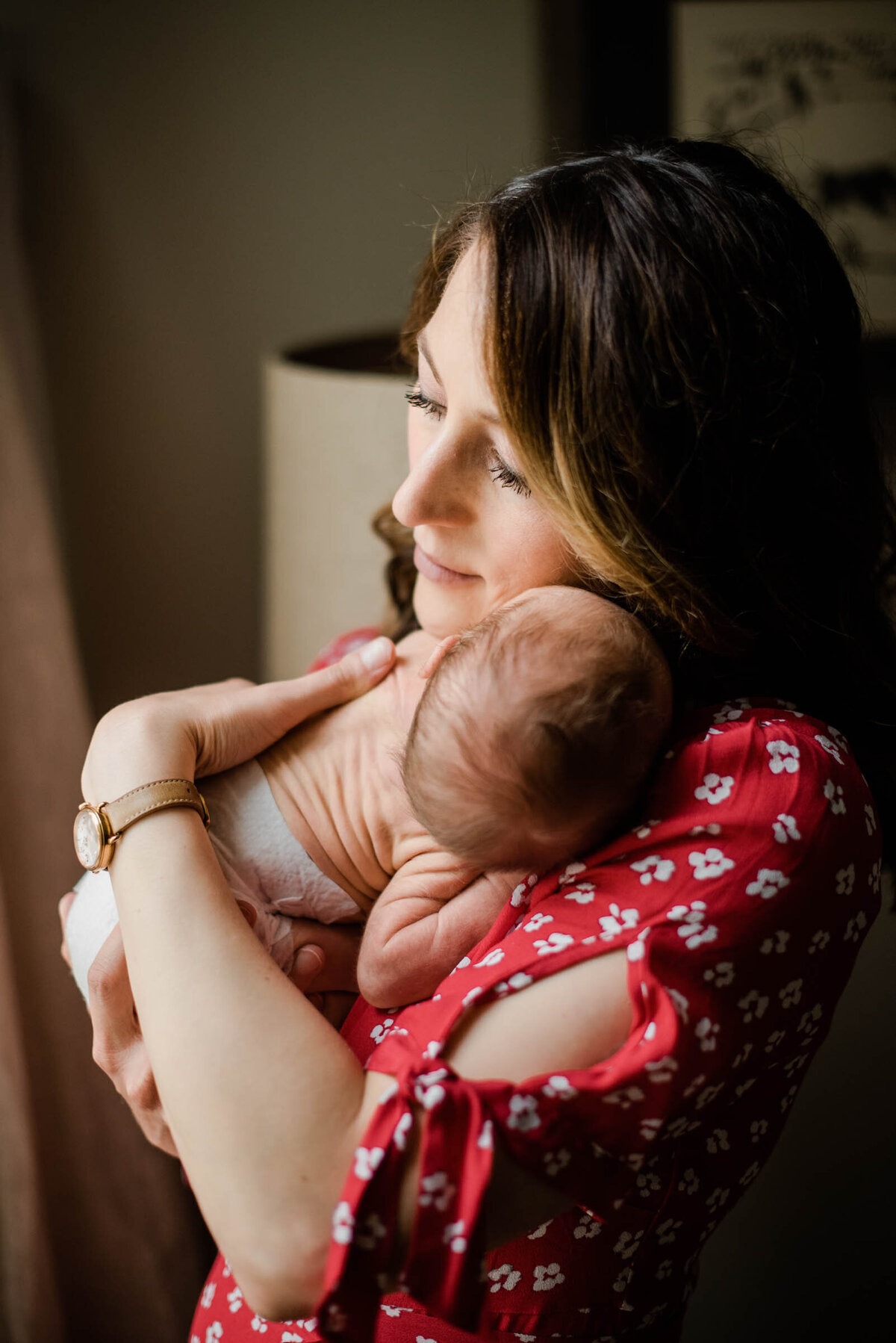 Mother holding newborn baby near window newborn photography in your own home