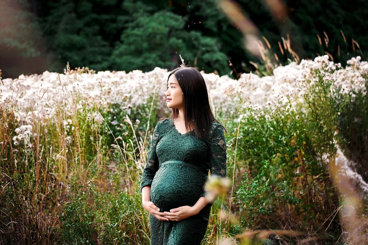 Pregnant mother in green lace dress standing surrounded by thistle bushes at Deer Lake Park