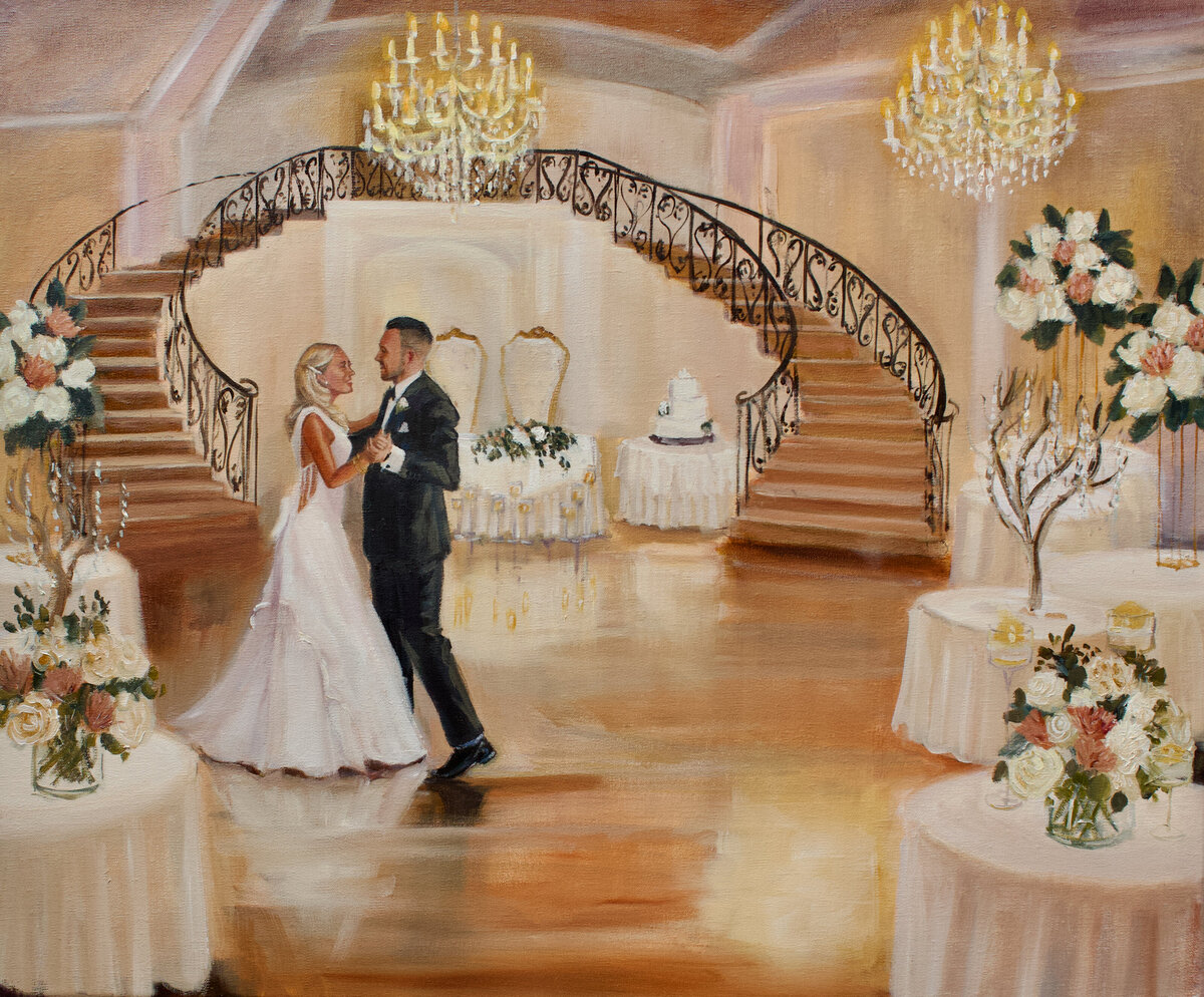 wedding art painting of bride groom first dance at Aria Banquets Prospect CT