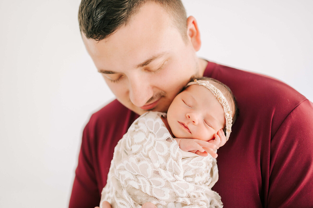 Springfield MO newborn photographer Jessica kennedy of The XO Photography captures close up of dad and swaddled newborn's faces