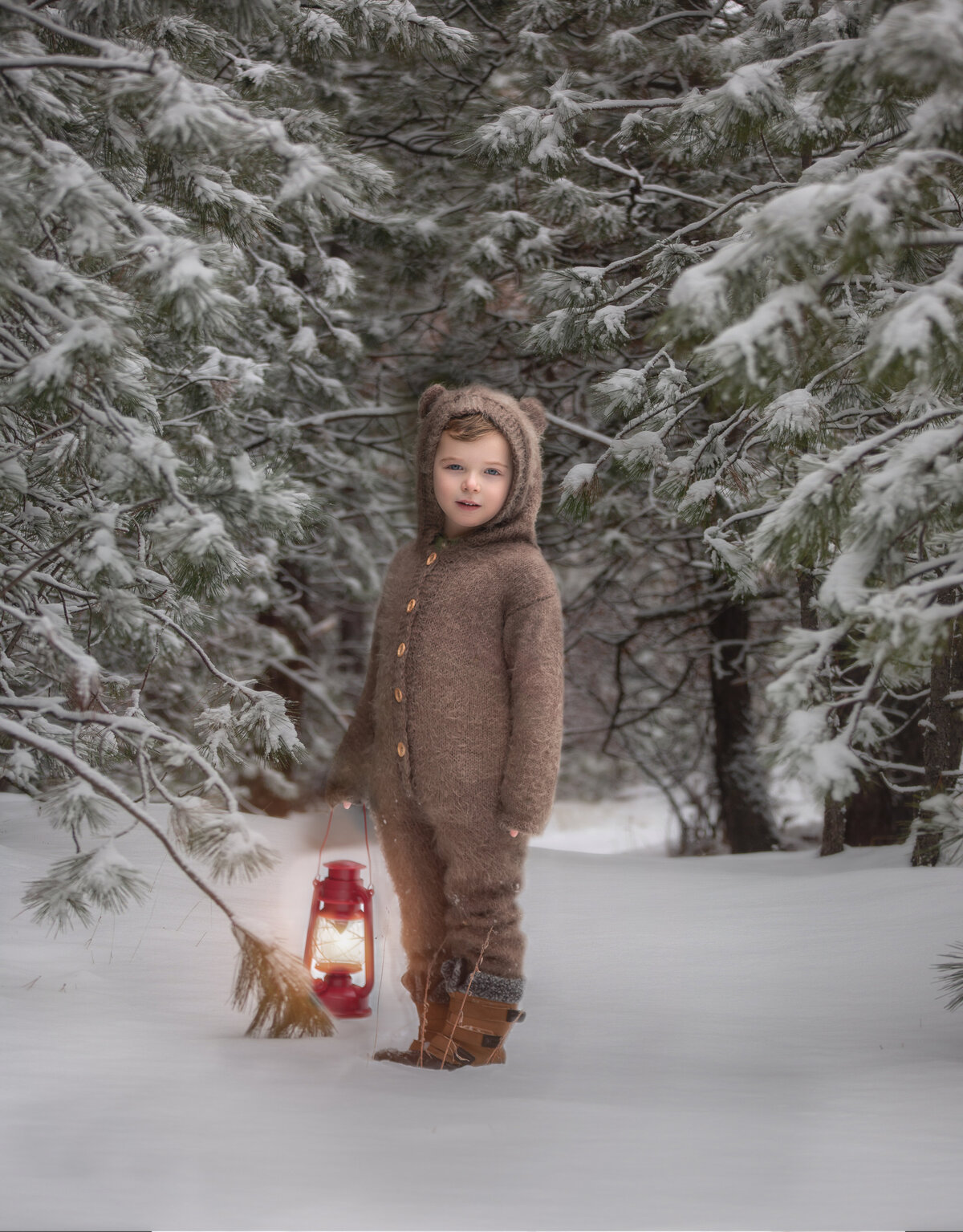 A young boy is outside in a snow covered forest wearing a  brown bear suit holding a red lantern. Photo taken in Ottawa.