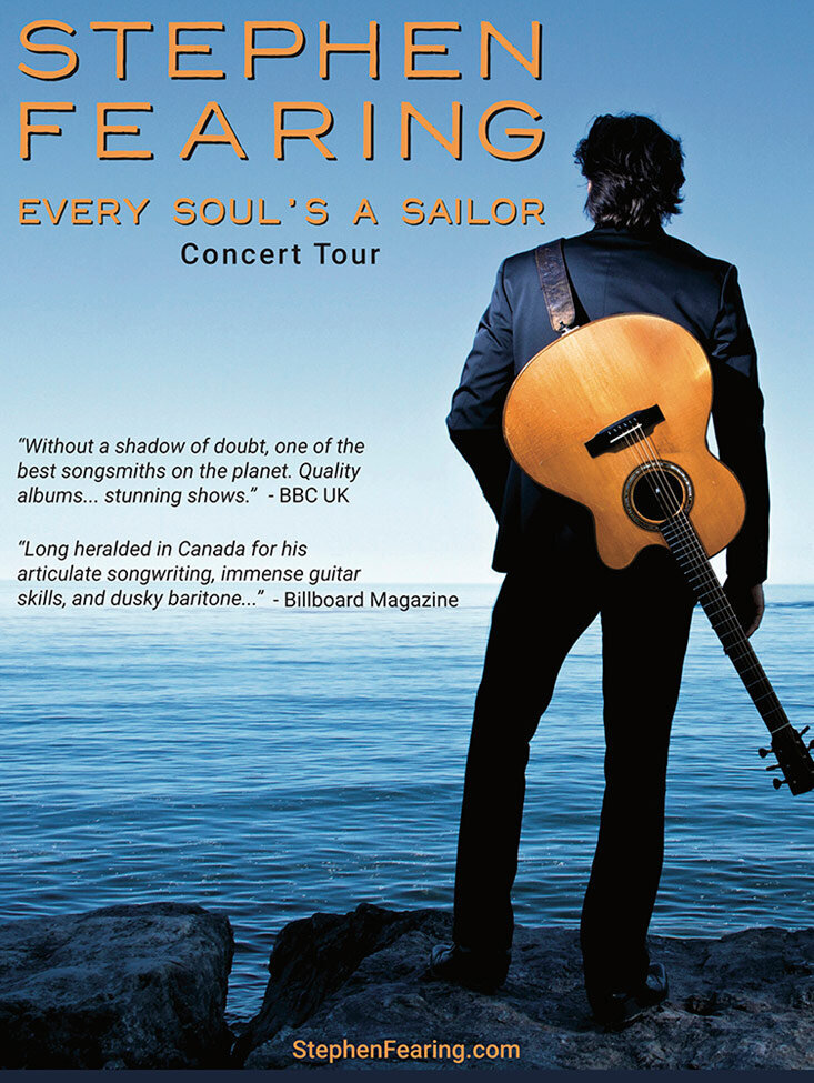 Concert Tour Poster Artist Stephen Fearing standing on rocks near water facing away from camera acoustic guitar slung across his back