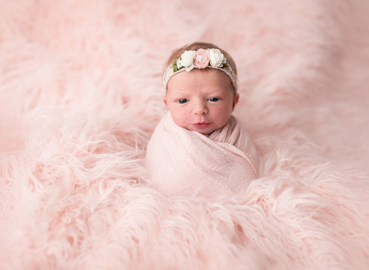 Sweet newborn photo in Pink Fur Background
