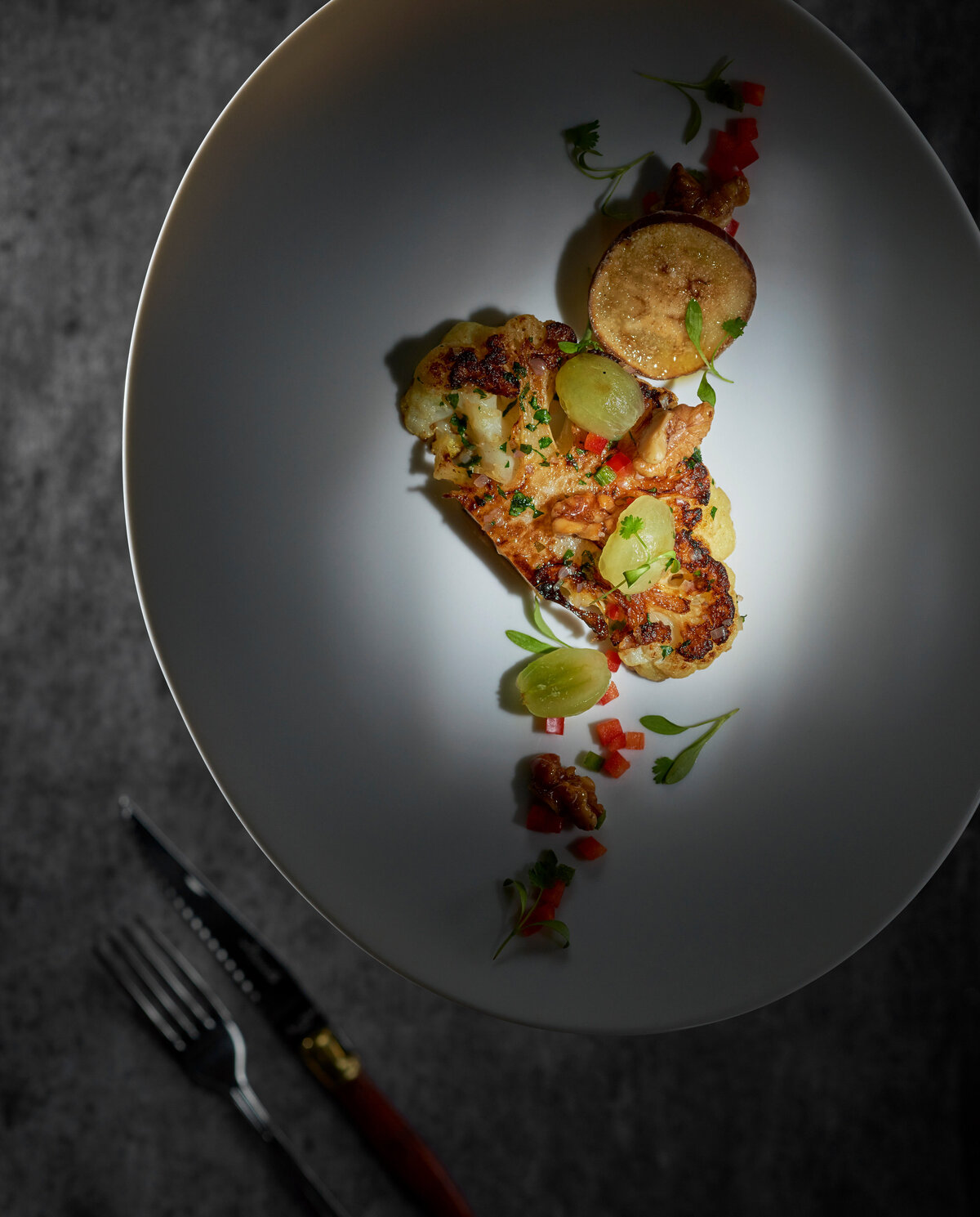 A chicken dish with a spotlight on it