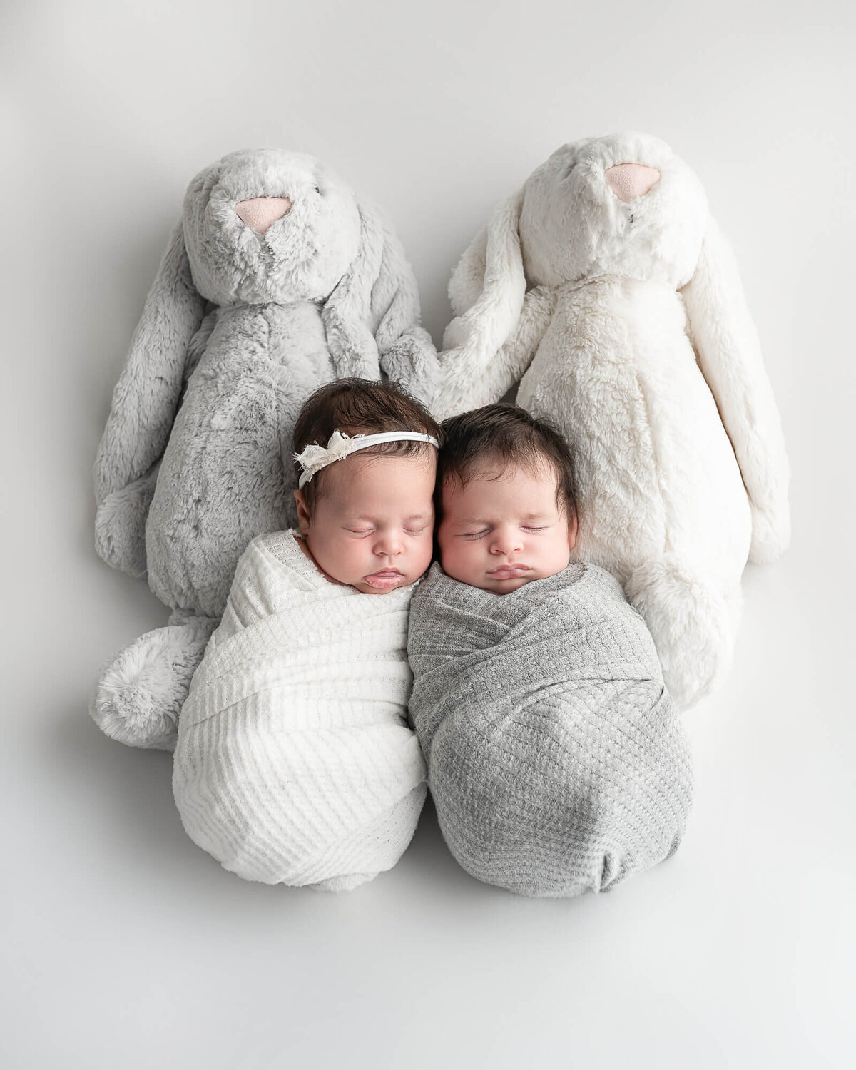 swaddled twin babies with stuffed animals