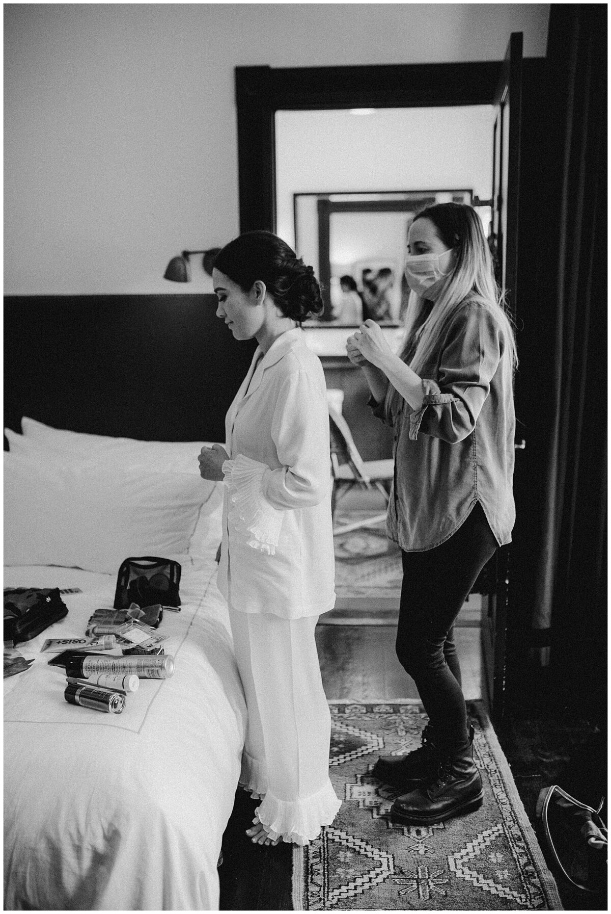 Bride getting ready for elopement wedding at Hotel Cecilia Austin