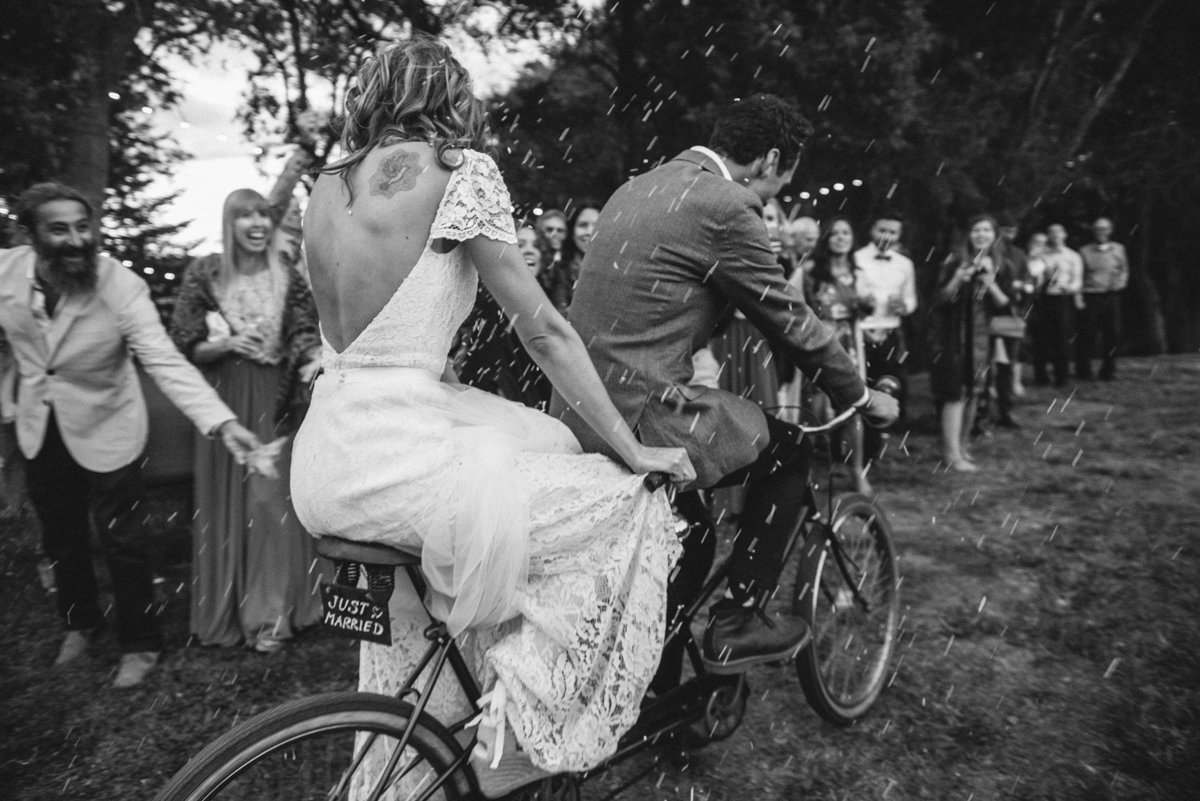 Wedding entrance on a bicycle built for two
