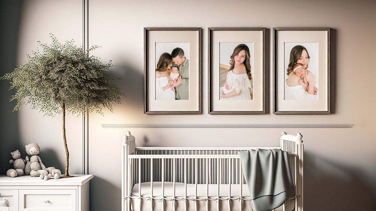 framed photo collage over crib of maternity and newborn photos captured by Springfield MO maternity and newborn photographer