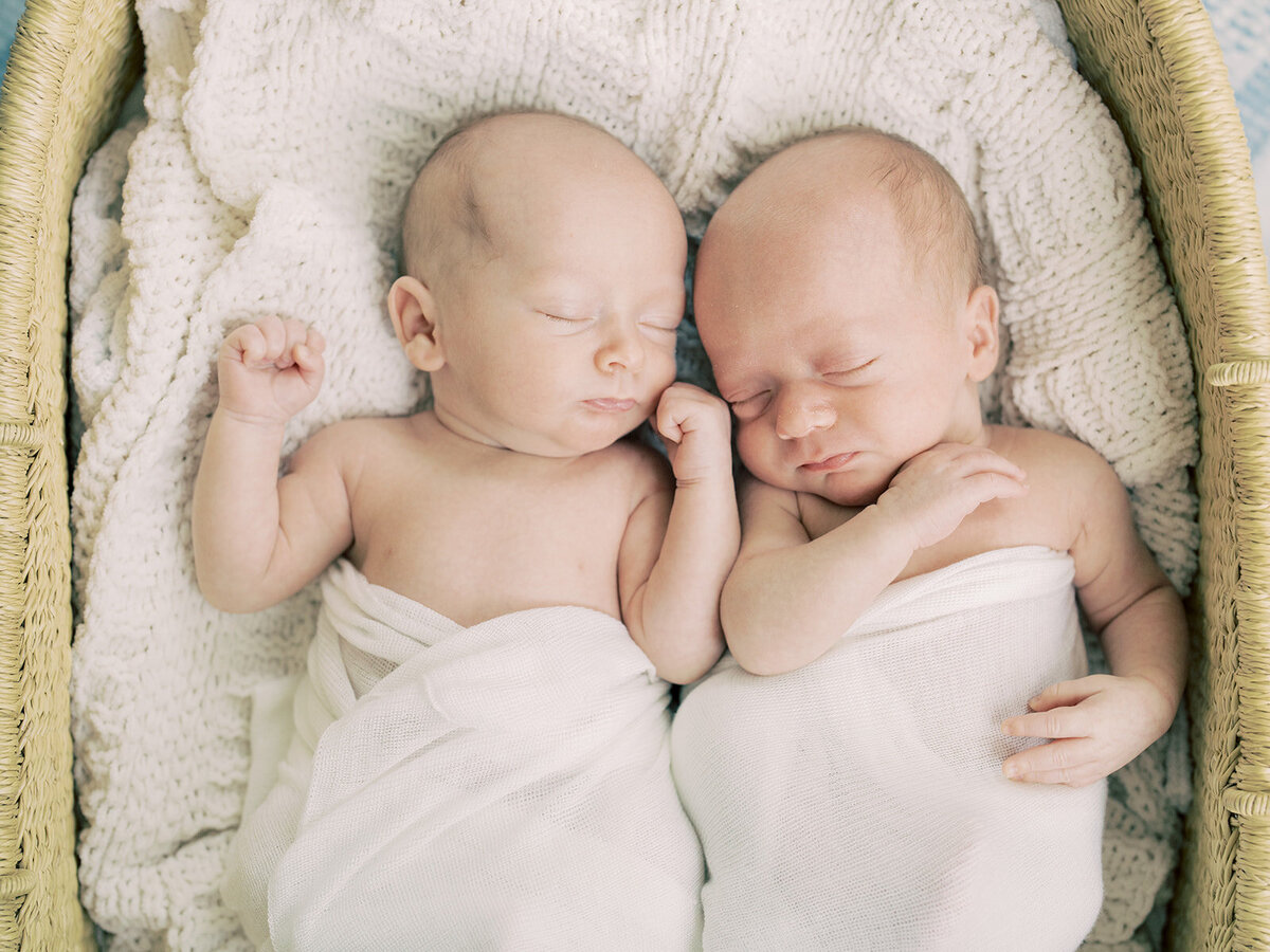 Twin baby boys sleep together in a Moses basket during their Chevy Chase newborn session.