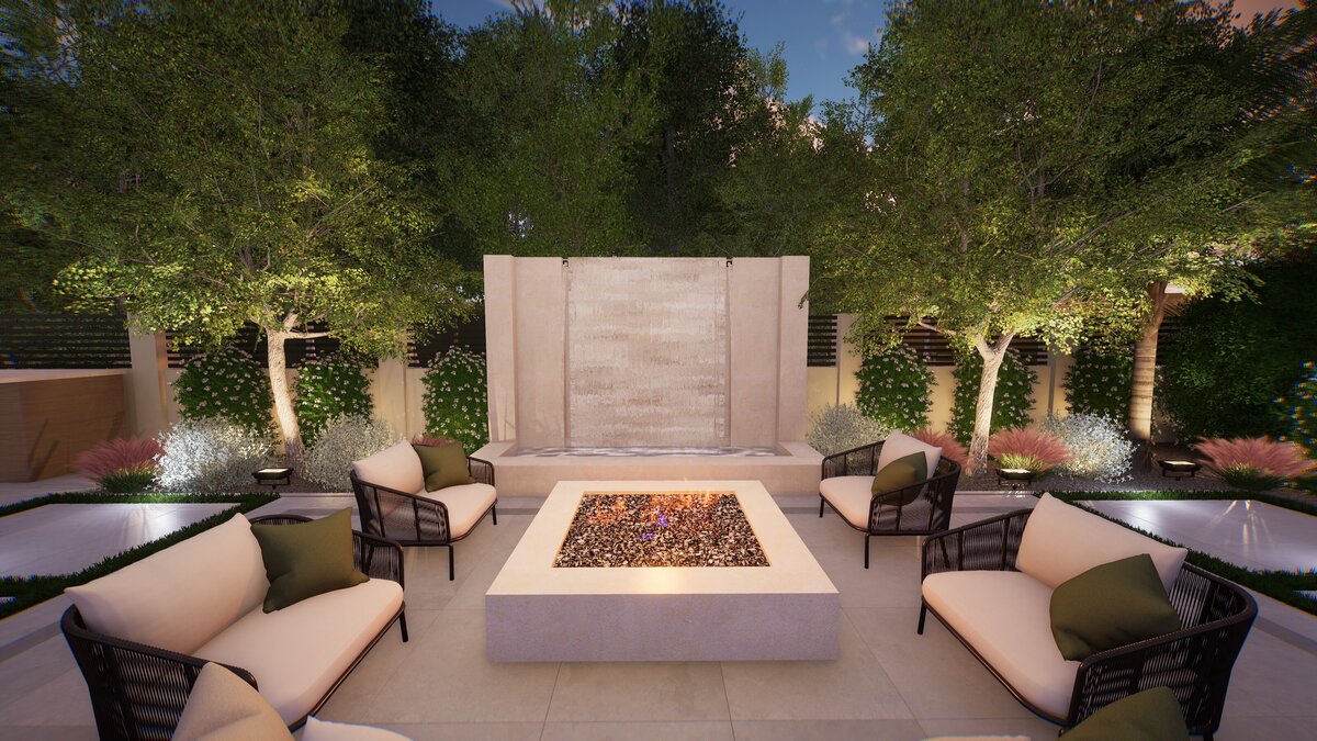 Contemporary backyard design with luxury entertainment areas and a firepit lounge area focal point.