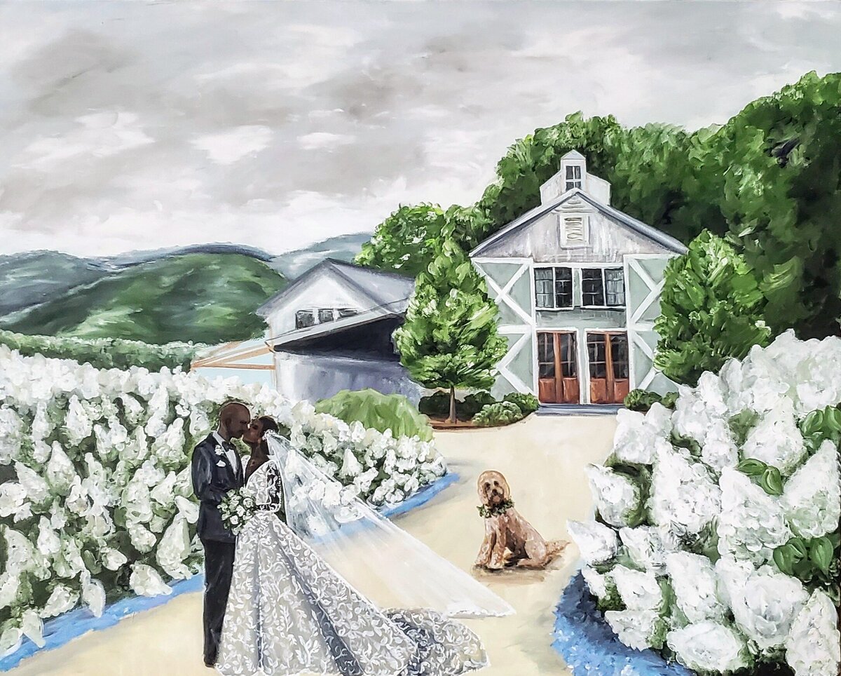 Gorgeous BIPOC live wedding painting at Pippin Hill Farms in VA with their golden doodle dog