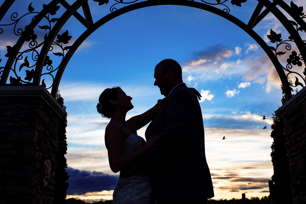 Silhouette-of-bride-and-groom-during-sunset-at-Childress-Vineyards-underneath-the-wrought-iron-arch
