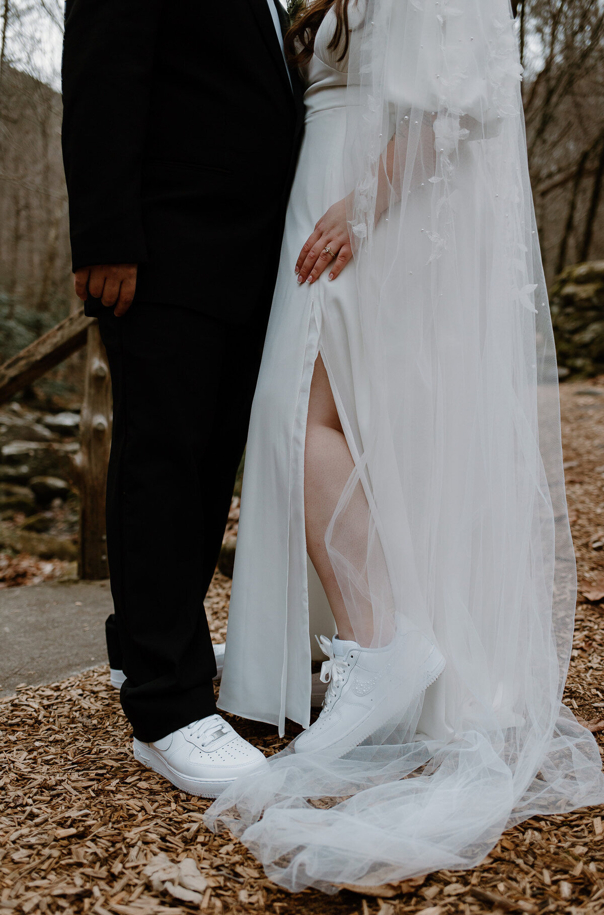 Bride and groom elopement outfits.