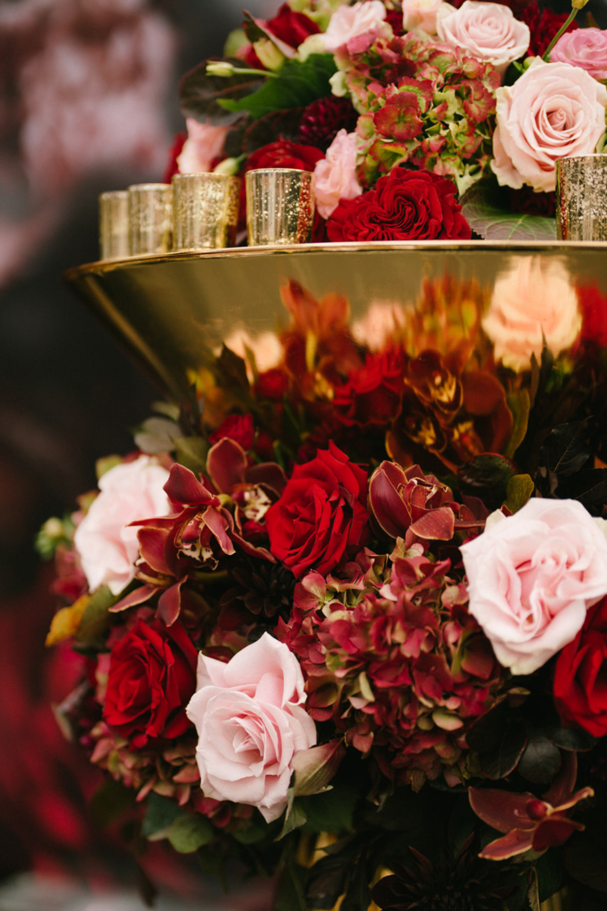 black-gold-burgundy-red-tent-reception-cake-stand-votive-roses