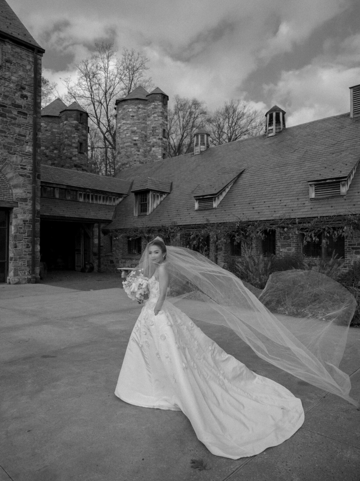 Bride in Modern Wedding Gown Blue Hill at Stone Barns