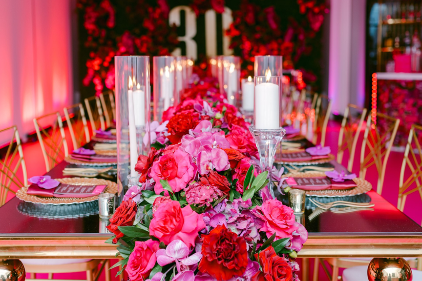 pink-birthday-party-thirty-candles-chargers-roses-orchid-floral-runner-menu-gold-chair