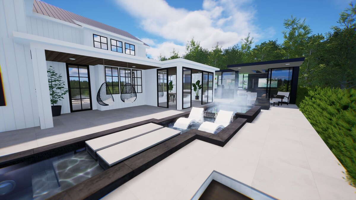 Modern farmhouse backyard with pool custom fit to set backs. This stunning design also included an ADU with a kitchen and entertainment area.