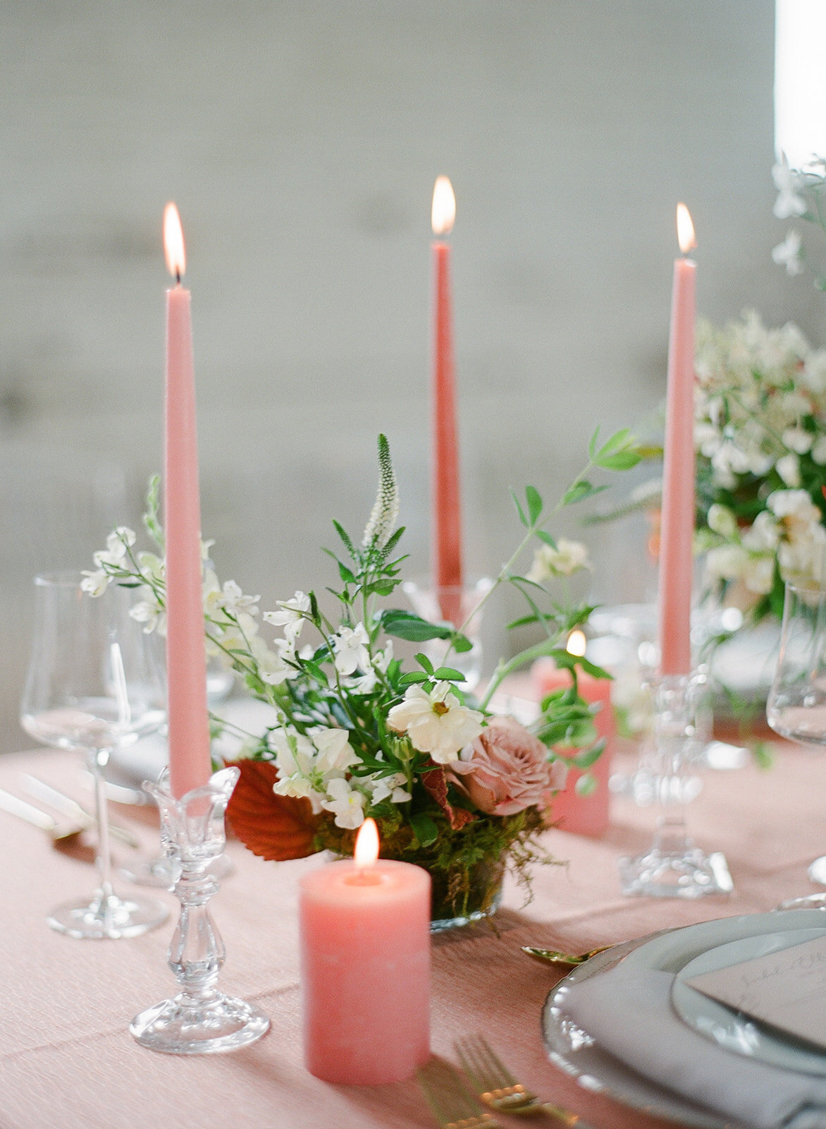 pink taper candles, studio fleurette, minneapolis wedding flowers, event florist