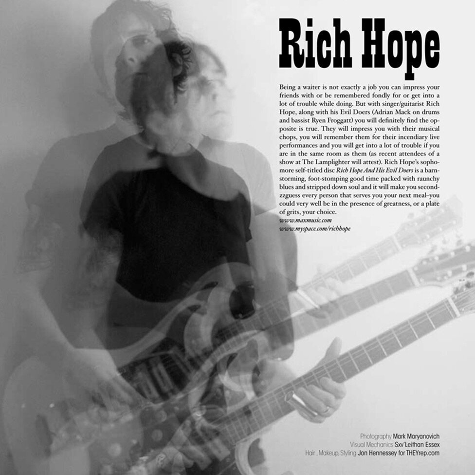 Article Ion Magazine featuring musician Rich Hope black and white images holding guitar laid over one another