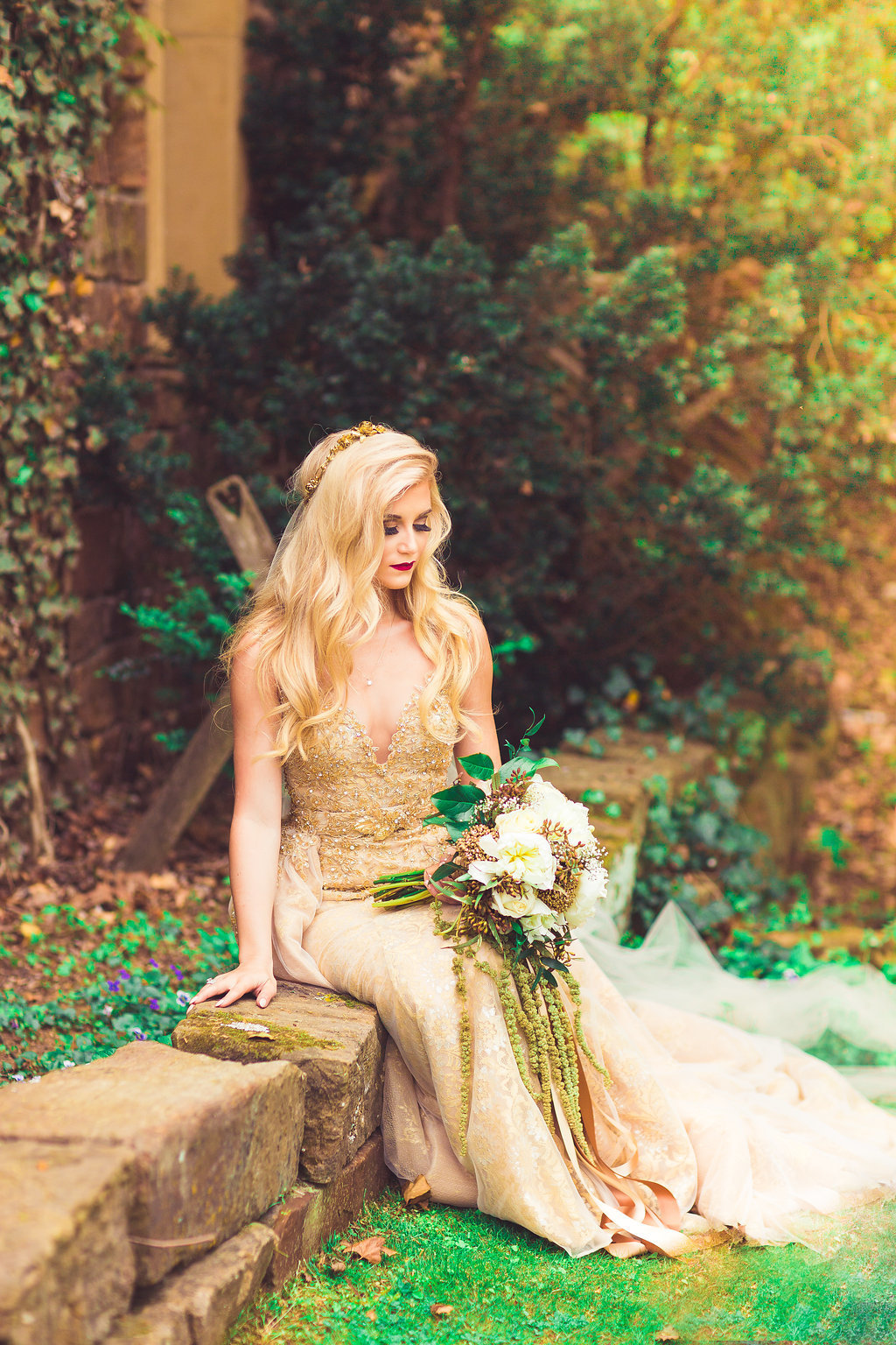 Wedding Photograph Of Bride Holding a Bouquet While Sitting Los Angeles