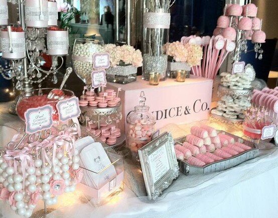 blush pink and white sweets table