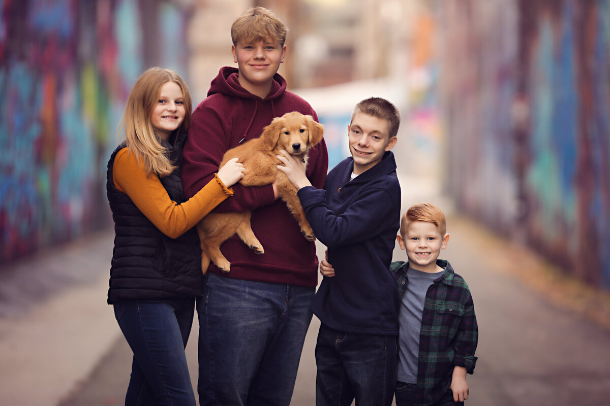 Yvonne-Min-Family-Photos-outside-natural-light-alley-trees-sunset-photography-beautiful-denver-rino-broomfield-kids-children-art-district-park-siblings-puppy-portraits-session-westminster-north-colorado-golden-dog-images-camera-graffiti-pet-brother-64