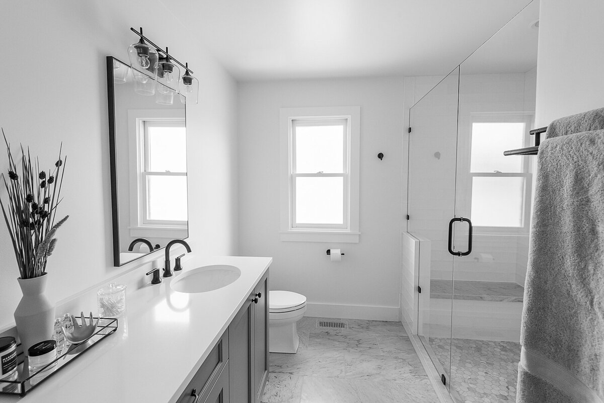 Full Bathroom Remodel Interior Design Marble Tile Glass Shower Doors Modern Hex Tile