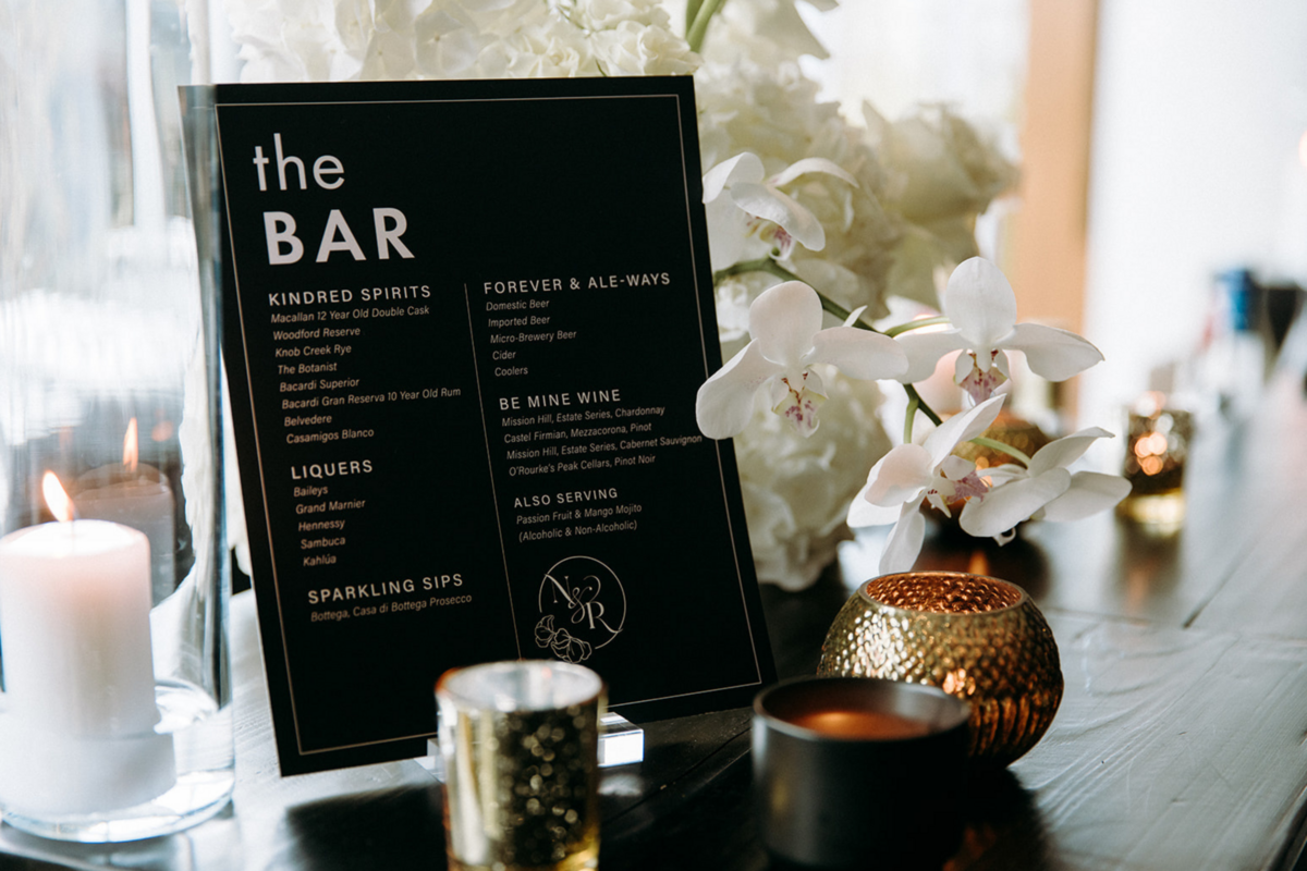 black-white-gold-wedding-reception-stationery-bar-sign-menu
