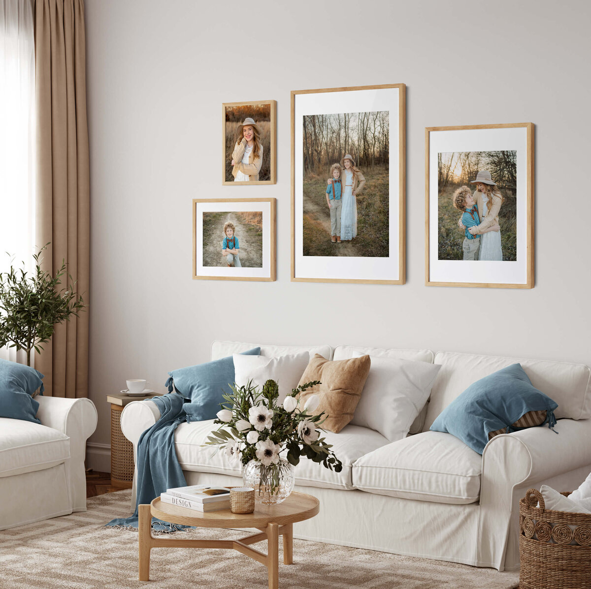 interior image of a living room with framed wall art on the walls