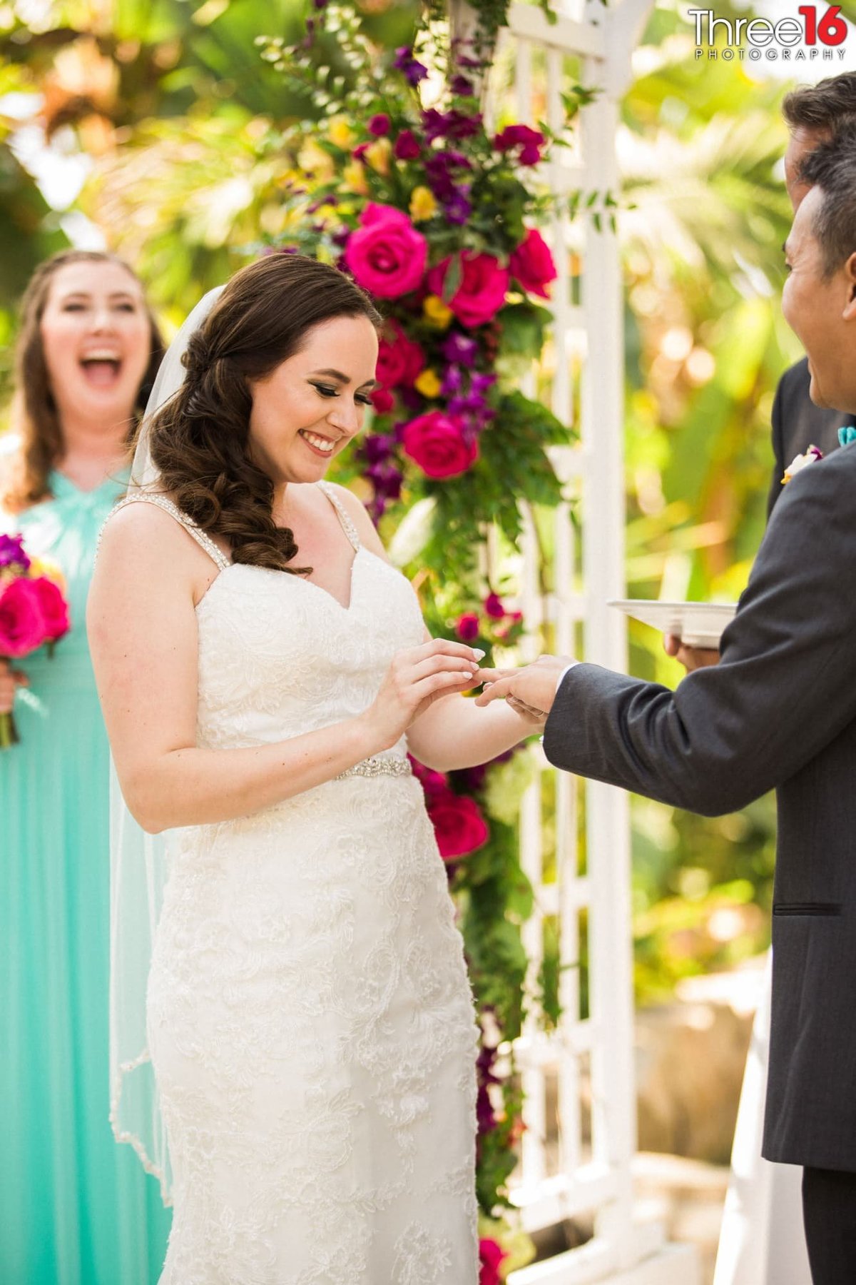 Lot of laughs as Bride places ring on her Groom's finger