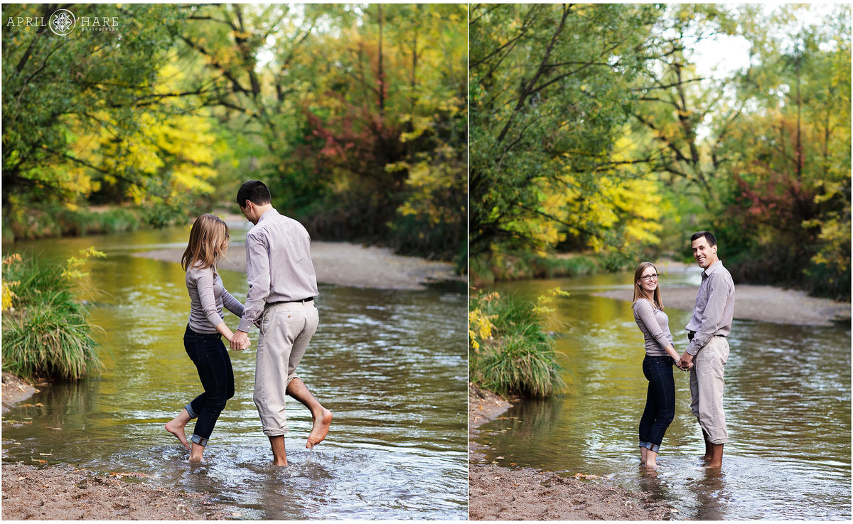Fun and Playful Fall Color Engagement Session at Cherry Creek near Four Mile House in Denver