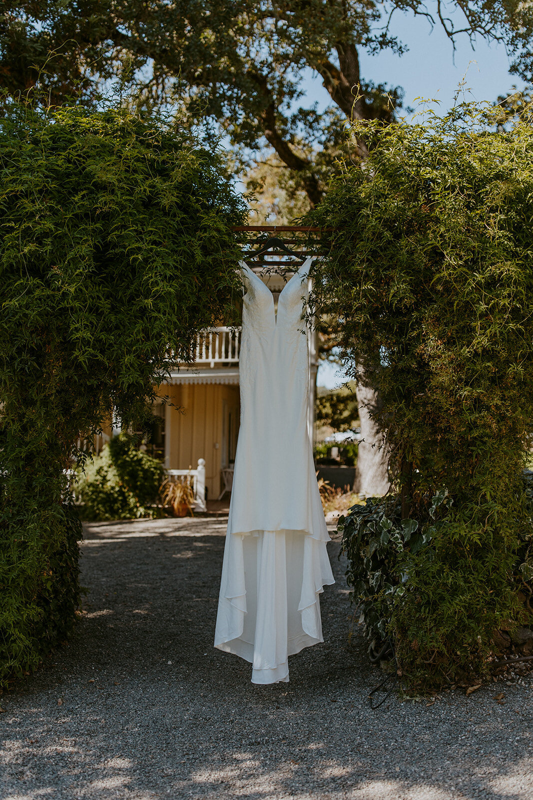 wedding dress hangs in vineyard for san francisco wedding venue