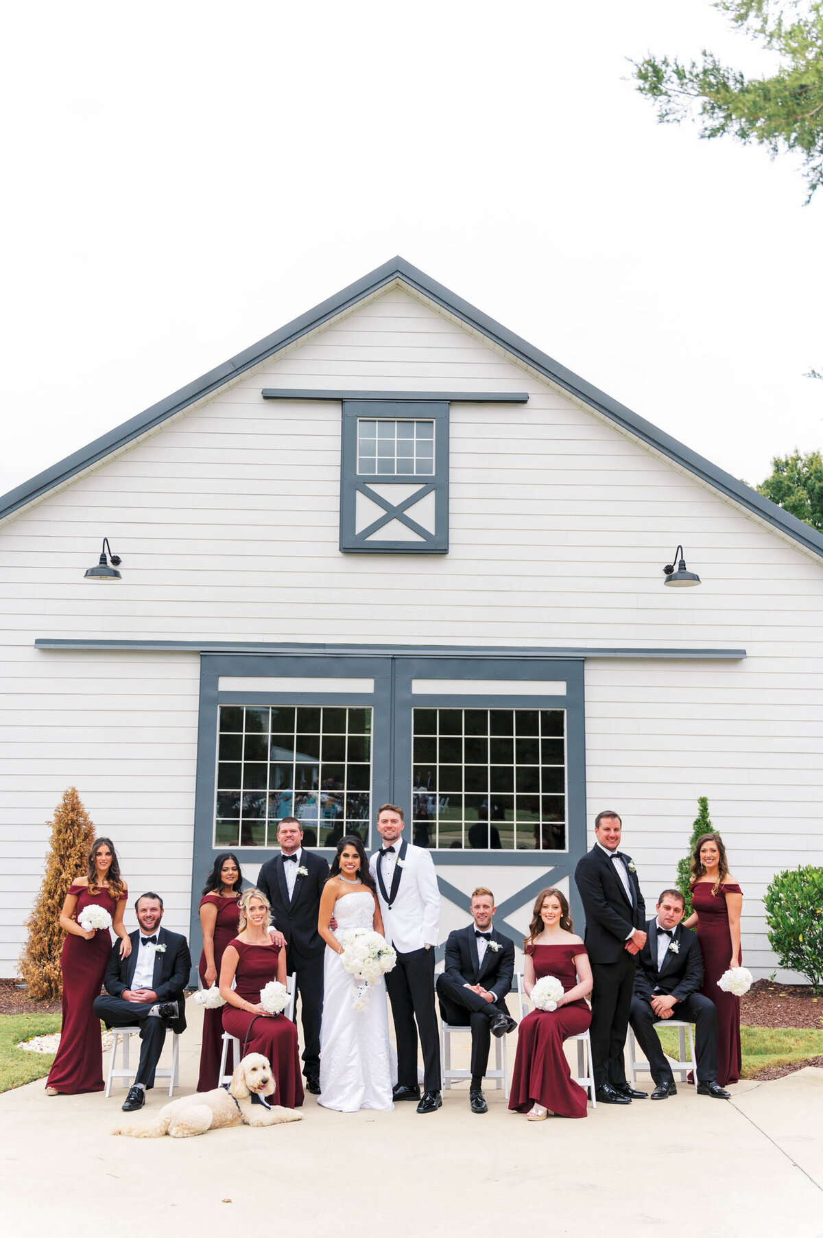 Shaoleen & Colin American Black + White Wedding- Portaits- Entire Wedding Party in front of Walnut Hill Barn