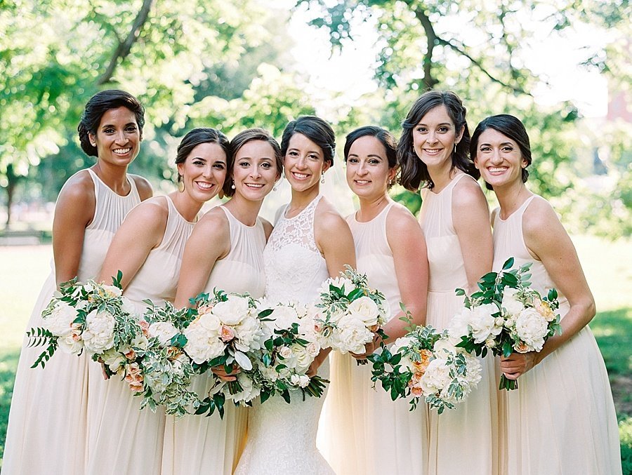 Washington DC Wedding Bridesmaids Photos with Green and White Bouquets © Bonnie Sen Photography