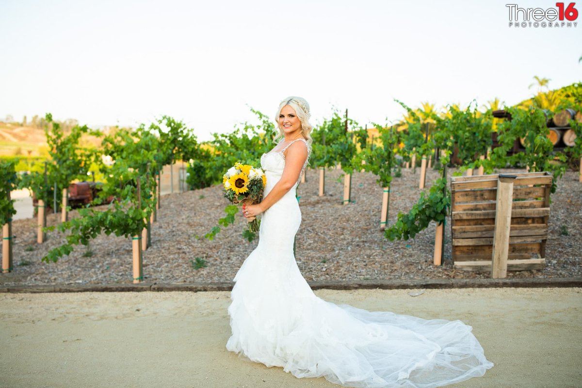 Bride posing with dressed fanned out in front of winery