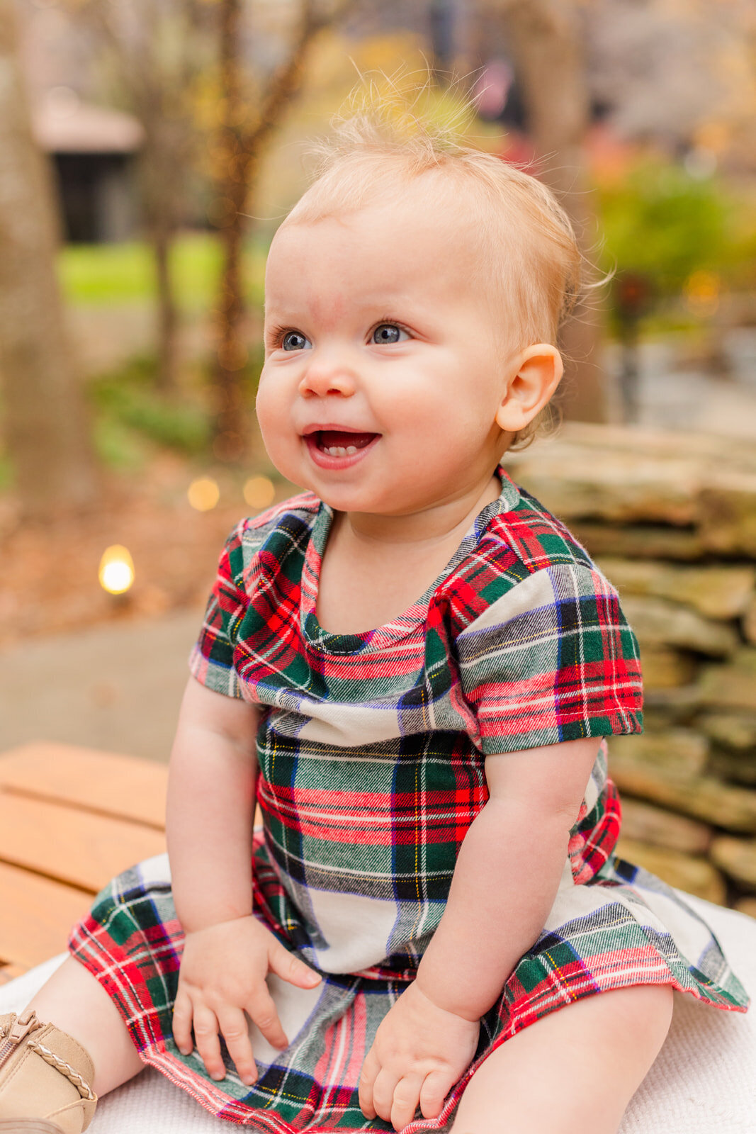 baby toddler girl wearing a tartan dress sitting on a banch in a Dunwoody Atlanta park by Laure Photography