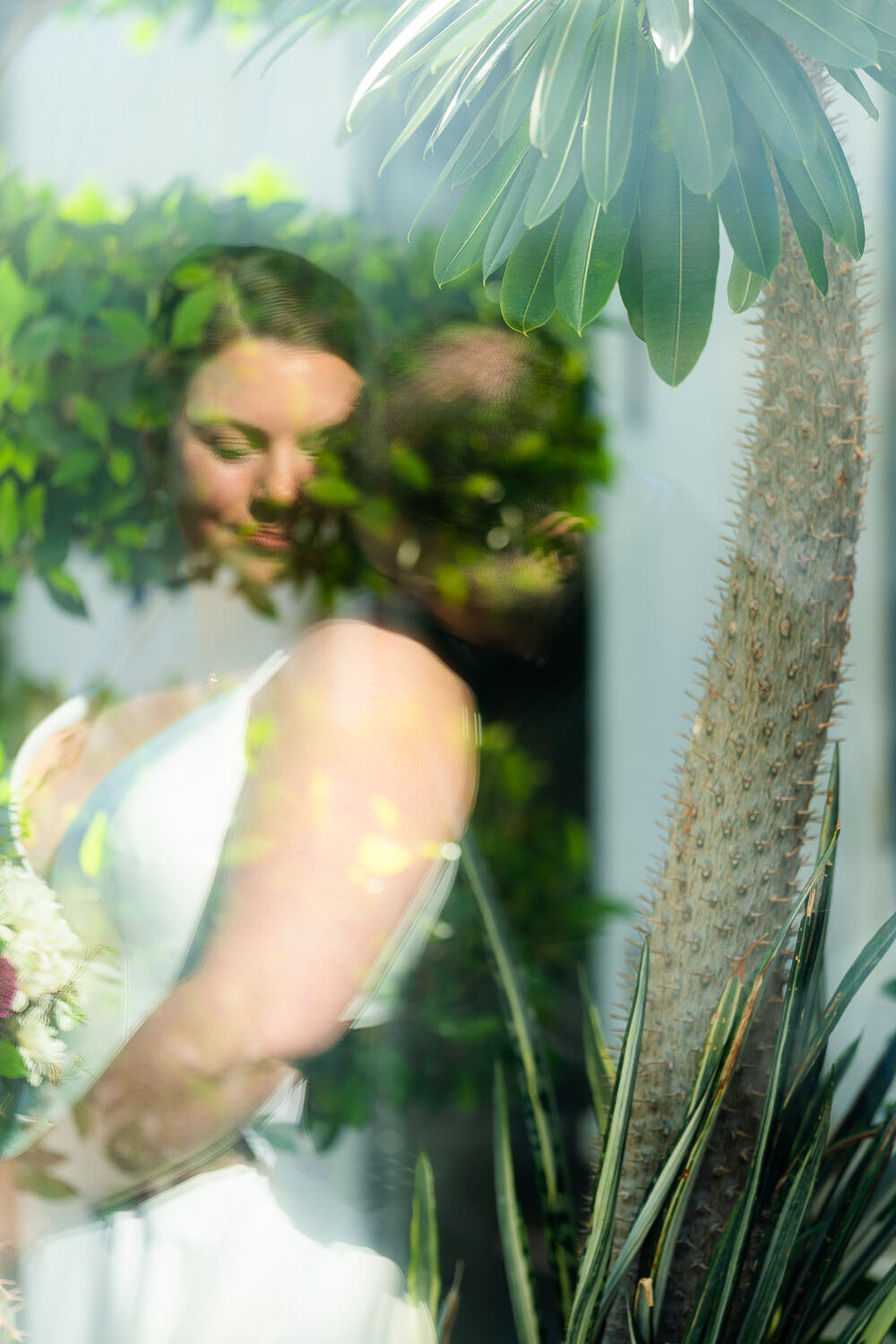 Bride and groom kiss in front of window at the Como Zoo Conservatory.