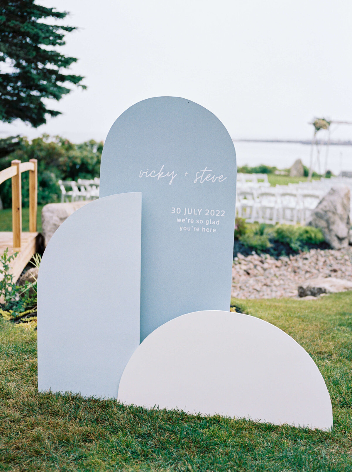 Wedding signage in pale blue at Oceanstone Resort Wedding in Nova Scotia