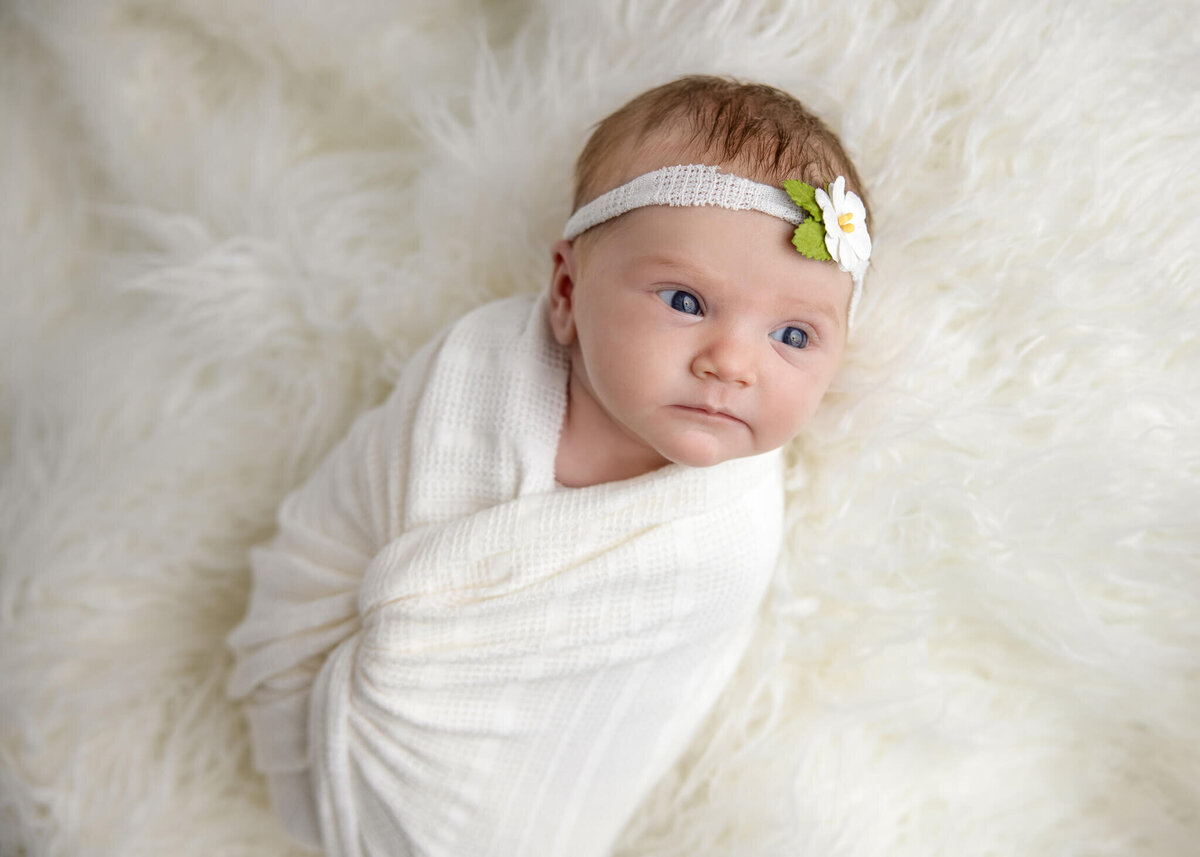 newborn baby wrapped in white fabric wearing a white floral headband laying on a white shaggy rug