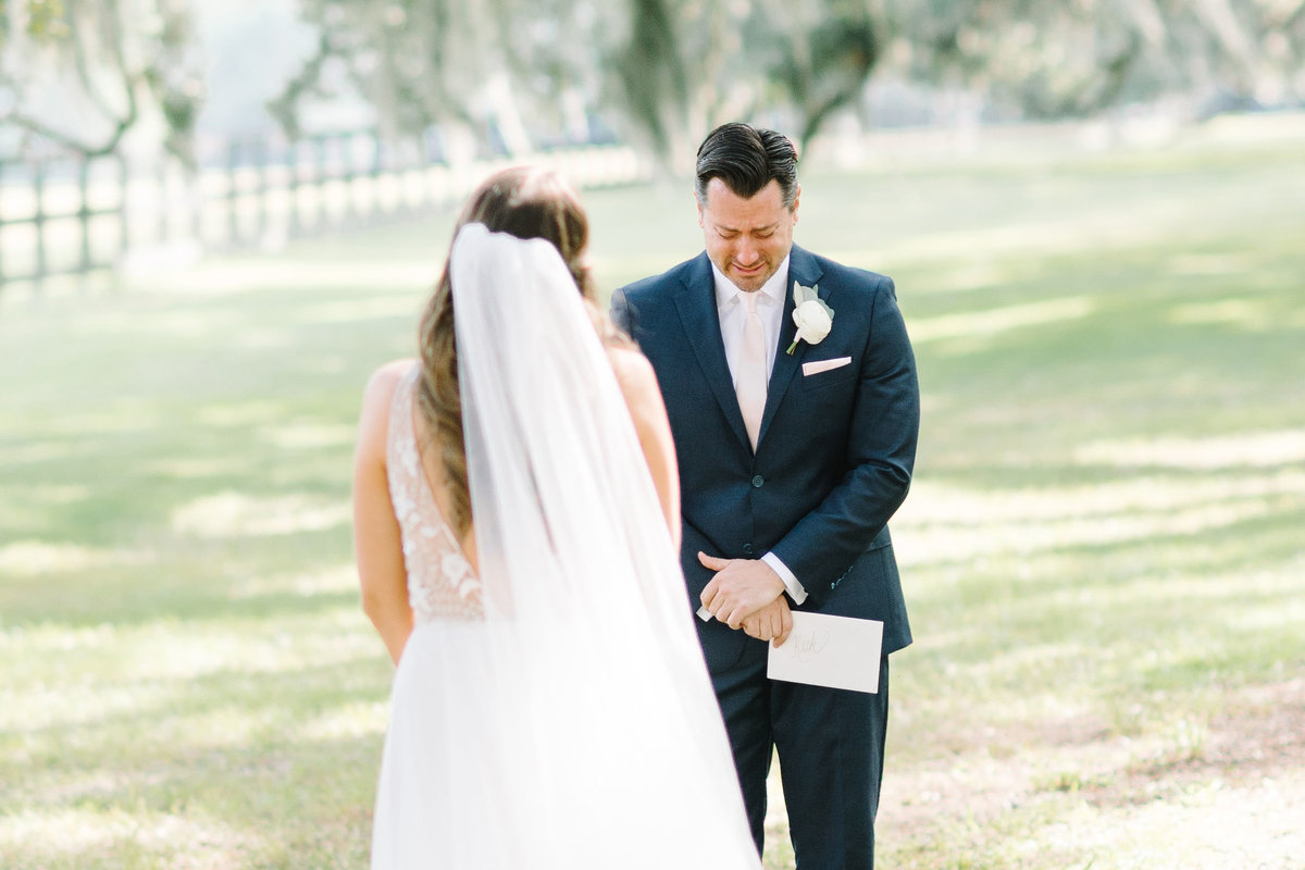 Bride and Groom Emotional First Look at  Boone Hall Plantation