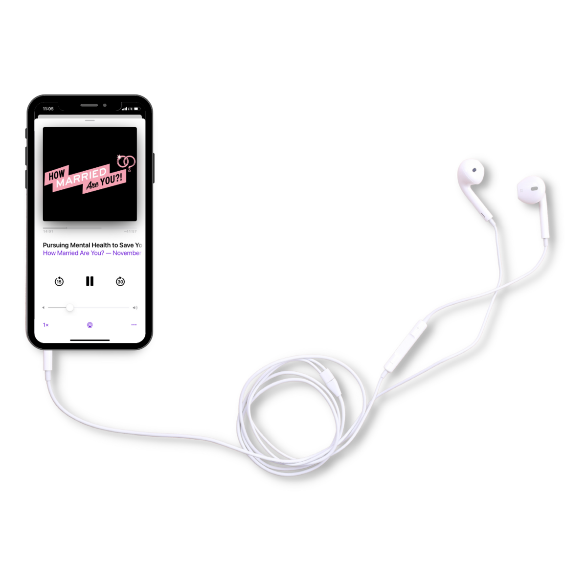How married are you podcast episode about mental health playing on iPhone with headphones.